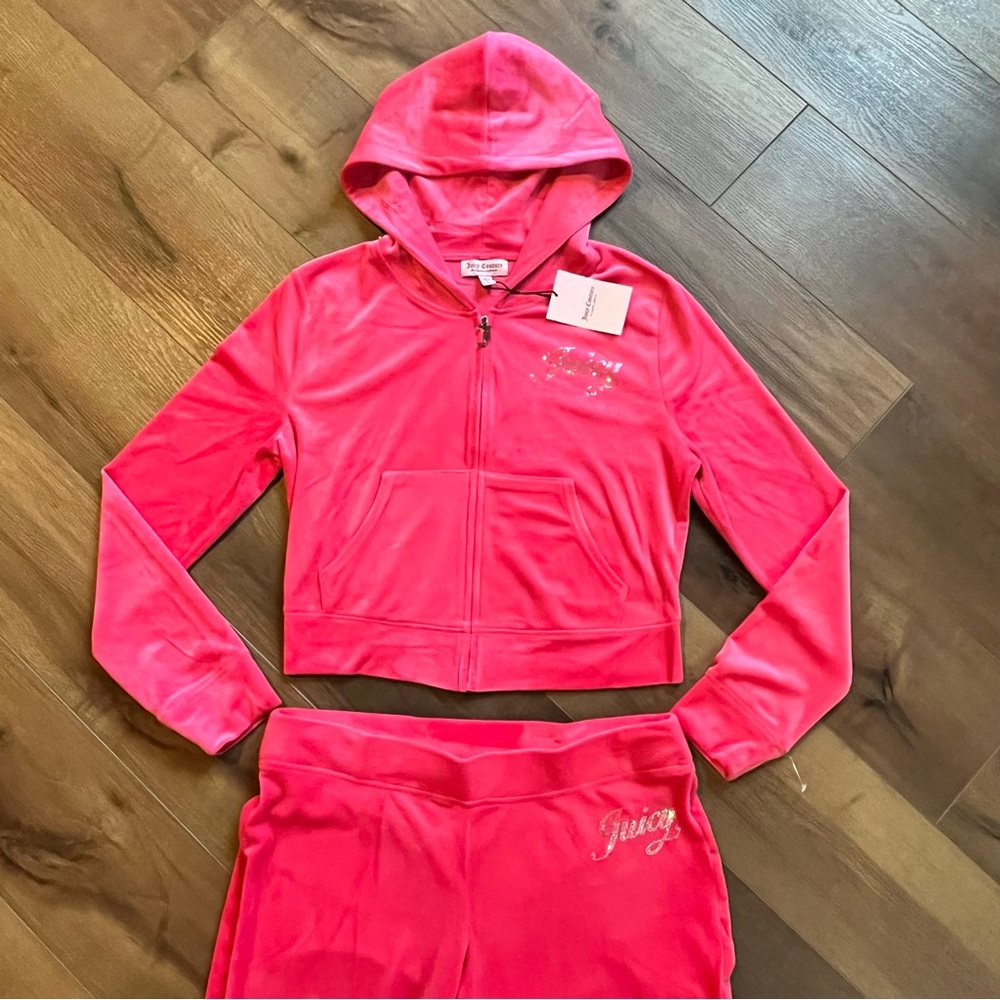 JUICY COUTURE Velour OG Bling Tracksuit Hoodie & Pant Set Pink Size Large NWT